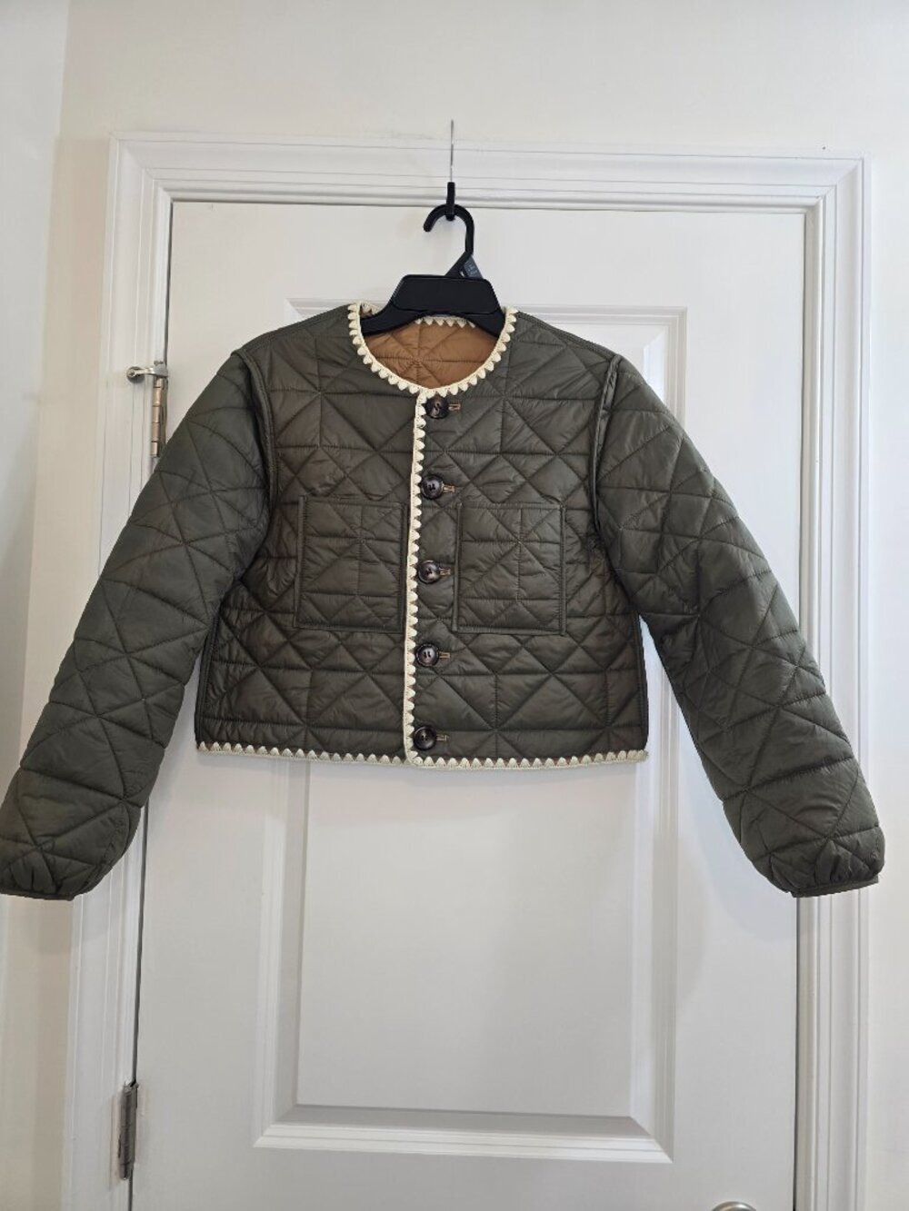 JOIE Whipstitch Quilted Buttoned Reversible Jacket Tan/Green - Picture 6 of 8